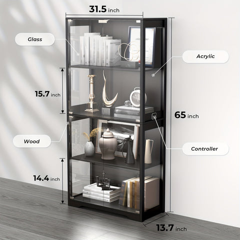 Antique Display Cabinet Antique Display Cabinet with Glass Door, 3-Color Light, 4-Layer Bookshelf - Suitable for Collectors, Game Room, Bedroom, Study