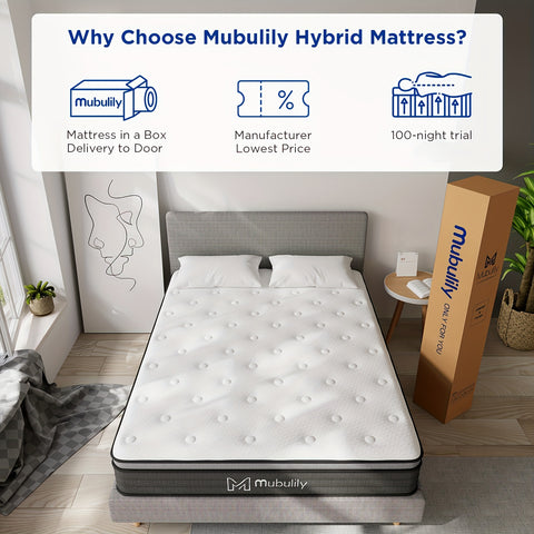 MUBULILY Hybrid Mattress in a Box with Memory Foam & Pocket Coils - Medium Firm, Motion Isolation, Hypoallergenic Polyester Cover, Knitted Design, No Power Needed, Easy Setup for Bedroom Furniture, Bedroom Furniture, Modern Bedroom, Durable Construction