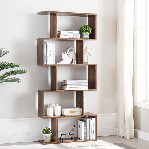 Aurorome 5-Tier Wooden Geometric S-Shaped Bookcase, Set Of 2 Storage Rack with Open Shelves, Shelving for Plant Album, Trinket Display, Spacious Storage Display Shelf - 62.5\