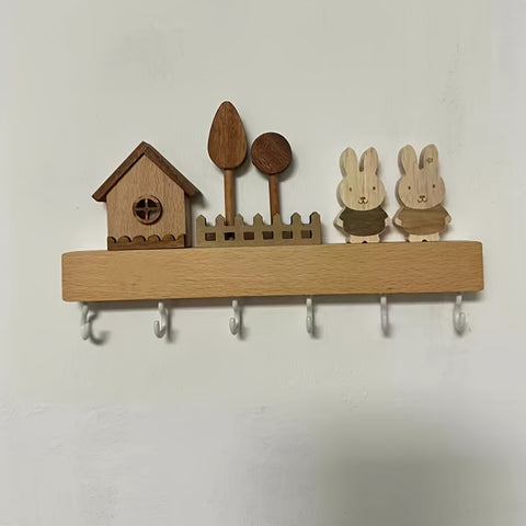 1pcs solid wood rabbit hook, solid wood key hook shelving, hanging key storage coat and hat hook