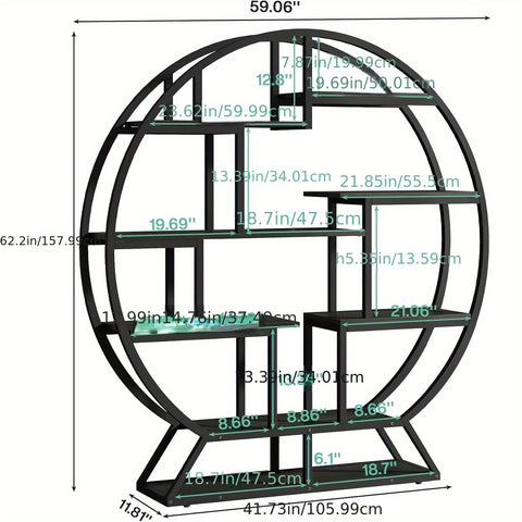 63-inch Industrial Wood Round Bookshelf, Rustic Open Shelving Organizer for Home Office, Living Room, Black