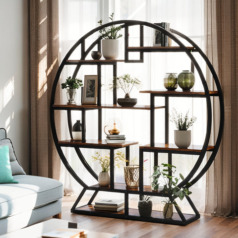 Bookcase Round 8 Tier Bookshelf Open Freestanding Storage Shelf Metal And Wood Plant Stand, Display Stand For Living Room Home Office Entryway Bedroom