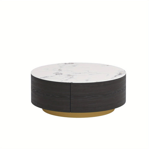 1pc Sdorens Modern Round Coffee Table with 2 Drawers - Sintered Stone Top, Golden Base, Wood Construction, Independent Center Table for Living Room, Fully Assembled, Black, Under 27\