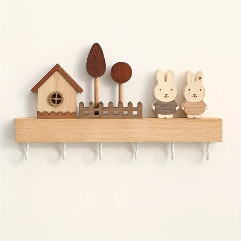 1pcs solid wood rabbit hook, solid wood key hook shelving, hanging key storage coat and hat hook