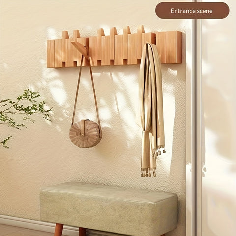 1pc Boho Style Wooden Piano Key Wall Rack, Easy Install Wall Mounted Coat Hook, Folding Hanging Storage Organizer for Bedroom, Entryway, Foyer, Mudroom - Aesthetic Room Decor