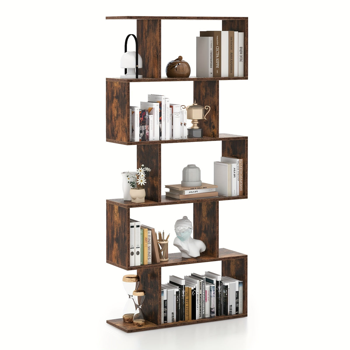 5-Tier Geometric S-Shaped Bookcase, Rustic Wooden Room Divider Storage Display Shelf, 62.5\