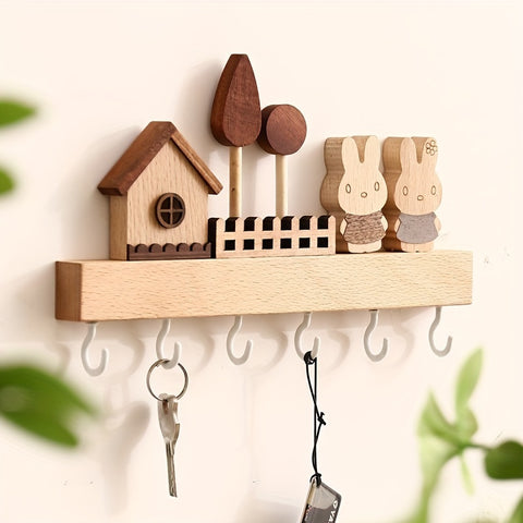 1pcs solid wood rabbit hook, solid wood key hook shelving, hanging key storage coat and hat hook