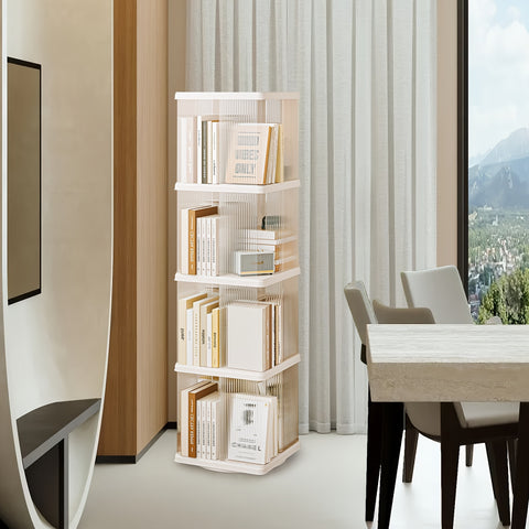 SYNCVIBE Rotating Bookshelf, Small Corner Bookshelf For Small Space, 360 Display 4 Tier Floor Standing Bookcase, Plastic Narrow Book Shelf Organizer For Bedroom, Living Room, White