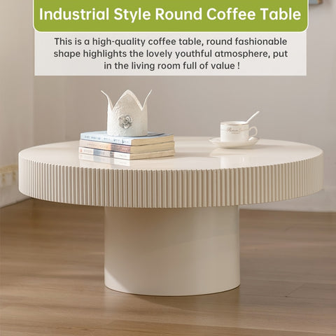 Elegant White Round Drum Coffee Table – Mid-Century Modern Design, Sturdy Circular Pedestal Base with Fluted Edges, Ideal for Living Room or Farmhouse Decor, Farmhouse Coffee Table|Minimalist Design|Sturdy Pedestal Base, Coffee Table for Living Room