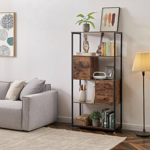5 - Tier Bookshelf, Bookcase with 2 Storage Drawers and 1 Cabinet, Wooden Shelf with Metal Frame Open Book Shelves Standing Shelf Unit Living Room, Bedroom, Office