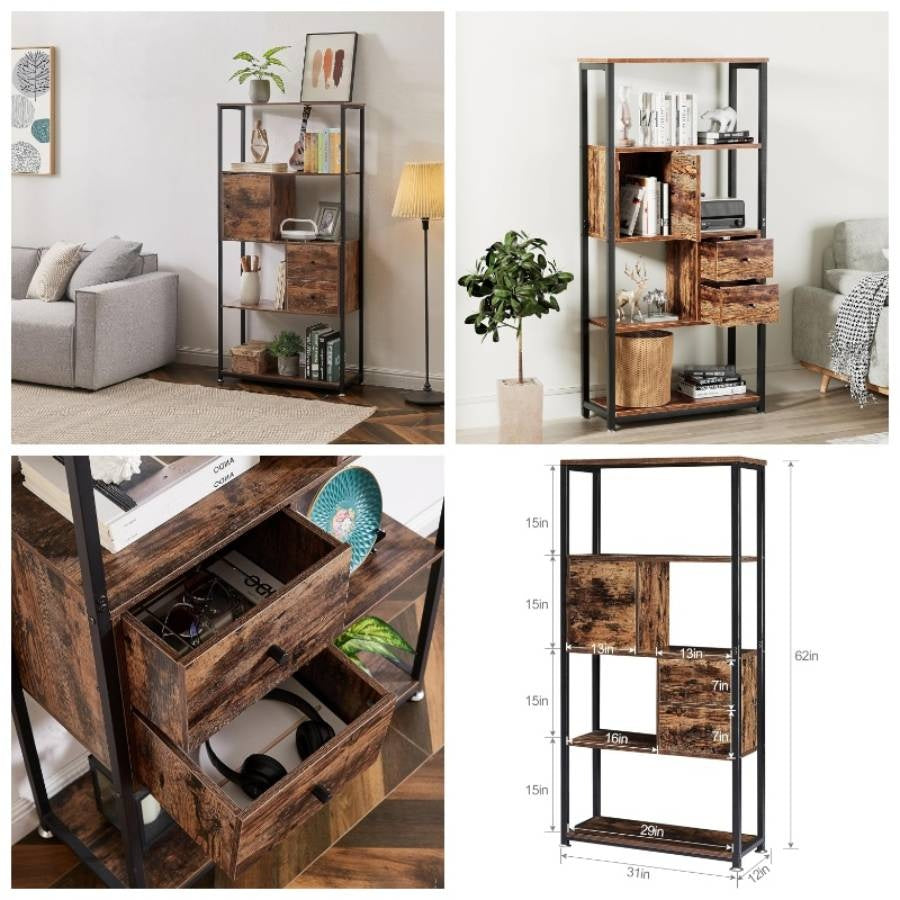 5 - Tier Bookshelf, Bookcase with 2 Storage Drawers and 1 Cabinet, Wooden Shelf with Metal Frame Open Book Shelves Standing Shelf Unit Living Room, Bedroom, Office