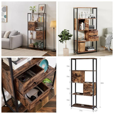 5 - Tier Bookshelf, Bookcase with 2 Storage Drawers and 1 Cabinet, Wooden Shelf with Metal Frame Open Book Shelves Standing Shelf Unit Living Room, Bedroom, Office