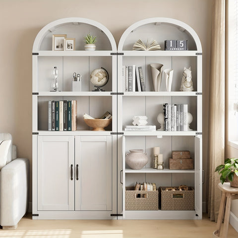 Farmhouse Cabinet with Shelves Bookcase with Doors Arched Bookshelf 71.65 Inch High Bookcase for Home Office, Living Room