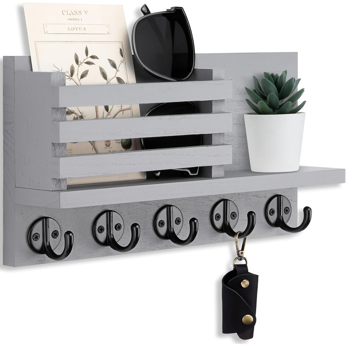 Wooden Wall Key Holder Decorative Wooden Wall Key Holder with 5 Metal Key Hooks - Paulownia Wood, Mounting Hardware and Installation Guide