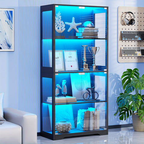 Antique Display Cabinet Antique Display Cabinet with Glass Door, 3-Color Light, 4-Layer Bookshelf - Suitable for Collectors, Game Room, Bedroom, Study