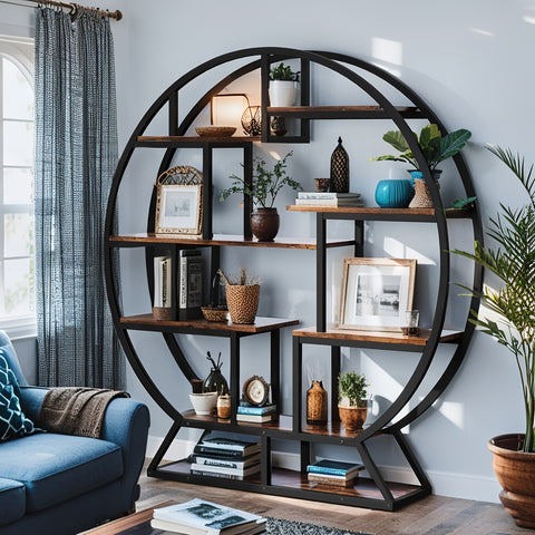 Bookcase Round 8 Tier Bookshelf Open Freestanding Storage Shelf Metal And Wood Plant Stand, Display Stand For Living Room Home Office Entryway Bedroom