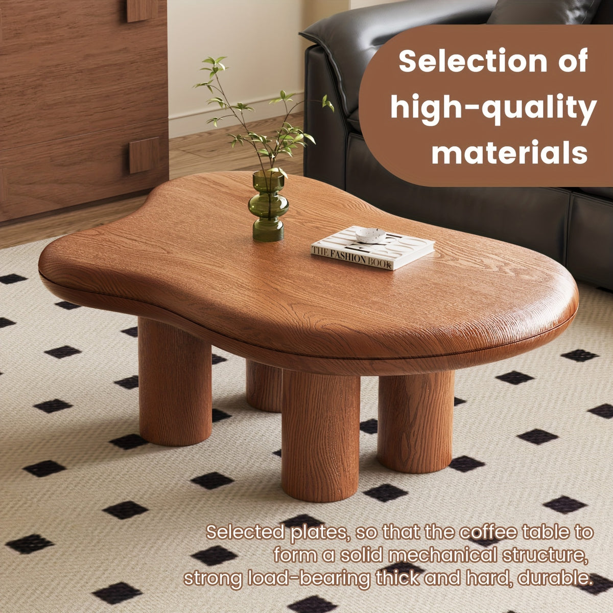 Modern Walnut Coffee Table with Cloud-Inspired Irregular Design - Lightweight Engineered Wood, 4-Legged Compact Center Table for Living Room & Bedroom, Easy Assembly