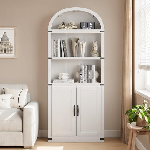 Farmhouse Cabinet with Shelves Bookcase with Doors Arched Bookshelf 71.65 Inch High Bookcase for Home Office, Living Room