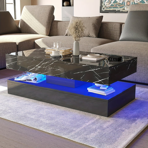 White LED Coffee Table with 2 Storage Drawers, Modern High Gloss Coffee Table w\u002F20 Colors LED Lights, 2 Tiers Rectangle Center Table for Living Room with Marbling Print, APP Control, Black