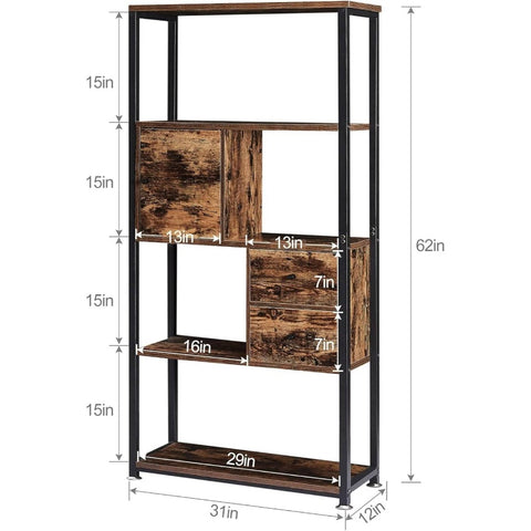 5 - Tier Bookshelf, Bookcase with 2 Storage Drawers and 1 Cabinet, Wooden Shelf with Metal Frame Open Book Shelves Standing Shelf Unit Living Room, Bedroom, Office
